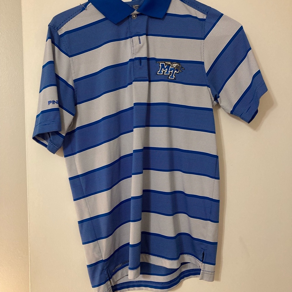 Blue and White MTSU Striped Polo Shirt